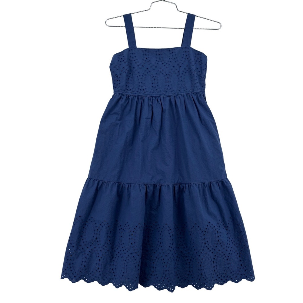 Uniqlo Cotton Embroidery Shirring Sleeveless Midi Dress Womens M Blue Pockets